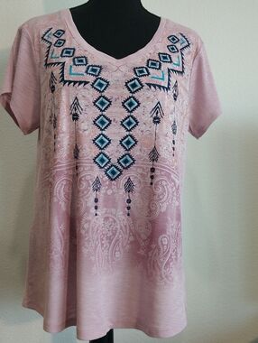 Style & Co. Pink Short Sleeve Top with Teal & Navy Embroidery